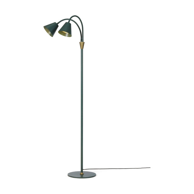 Hygge 2 Light Floor Lamp in dark green, with two adjustable gooseneck arms, brass-lined cone shades, brass collar, slim stem and round disc base, on a plain white background.