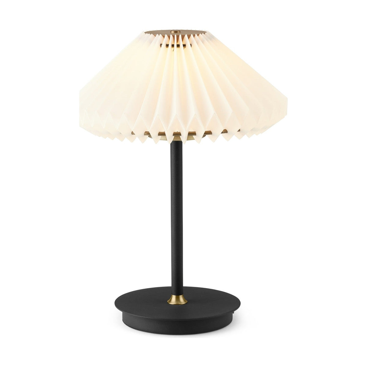 Paris LED Go Clean Rechargeable Table Lamp with white pleated paper shade, slim black stem, and round black base with brass accents on a plain white background.