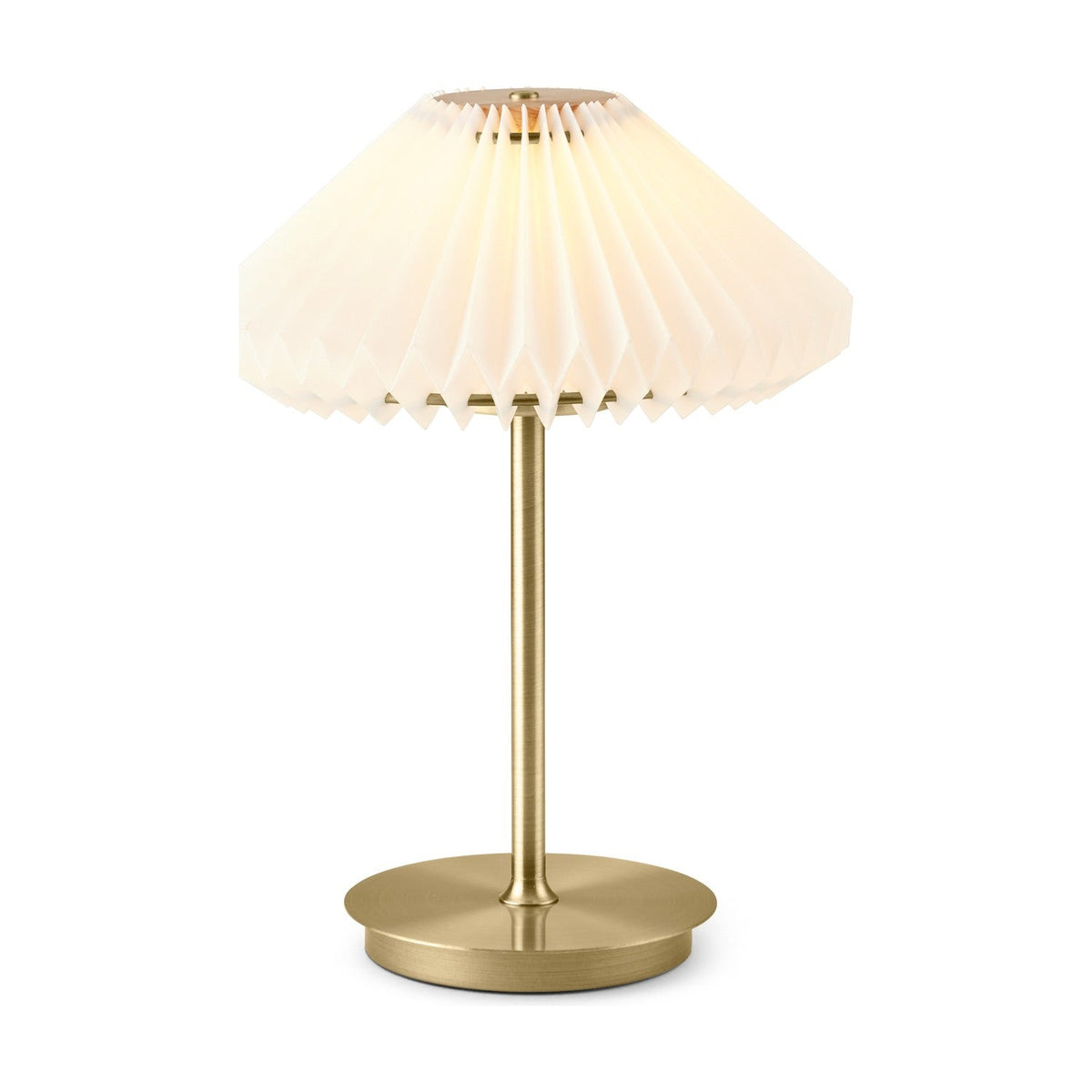 Paris LED Go rechargeable table lamp with a pleated white paper shade with pointed edge, slim antique brass stem and round base, on a plain white background.