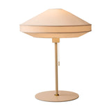 Paris Silk Table Lamp in natural cream, with a wide two-part fabric shade on a slim stem and round disc base with brass collar, shown on a plain white background.