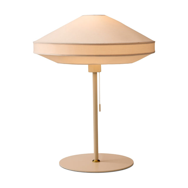 Paris Silk Table Lamp in natural cream, with a wide two-part fabric shade on a slim stem and round disc base with brass collar, shown on a plain white background.