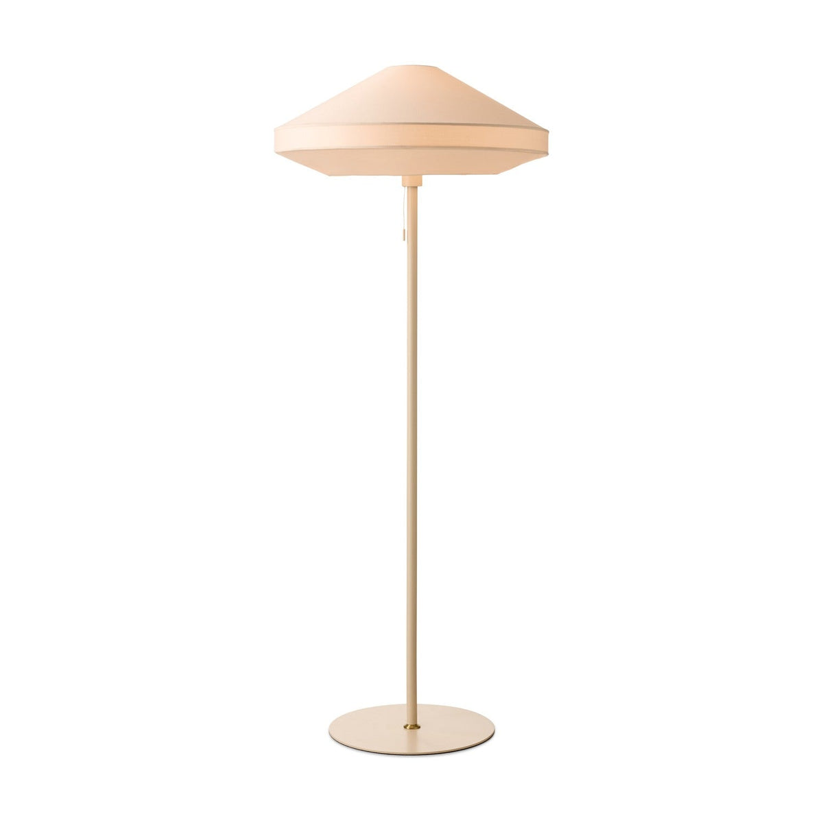Paris Silk Floor Lamp in beige with a cream fabric cone-shaped shade, slim beige stem, brass collar detail, and round flat base, shown against a plain white background.