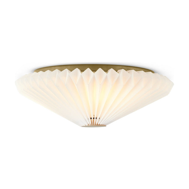 Paris Clean Wall Flush Ceiling Light 40cm in white and antique brass, with a wide pleated paper shade with pointed edge, on a plain white background.
