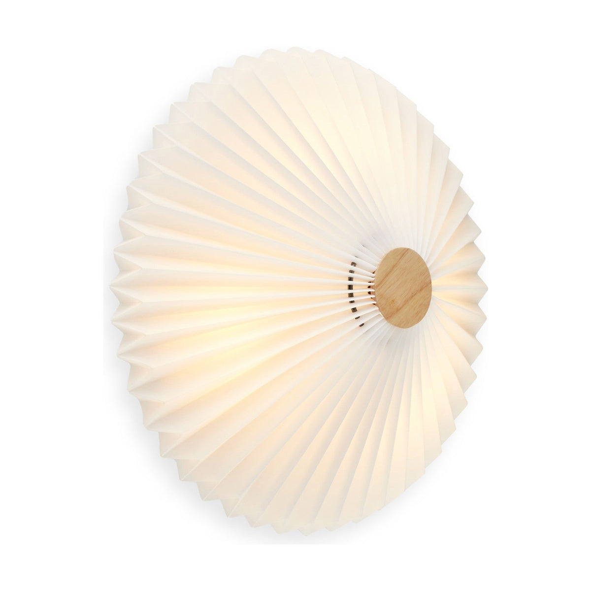 Paris Clean Flush Ceiling Light 50cm in white, showing a pleated paper shade with pointed rim and central antique brass disc, on a plain white background.