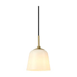 Room pendant light, 15cm opal glass bell shade with antique brass collar and knurled ring detail, black cord, on a plain white background.