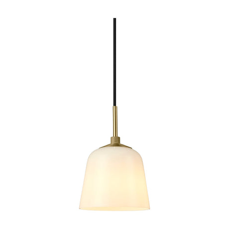 Room pendant light, 15cm opal glass bell shade with antique brass collar and knurled ring detail, black cord, on a plain white background.