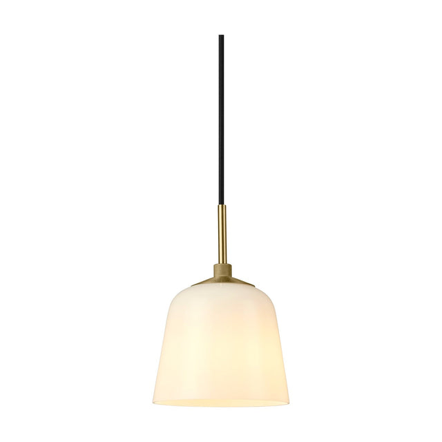 Room pendant light, 15cm opal glass bell shade with antique brass collar and knurled ring detail, black cord, on a plain white background.
