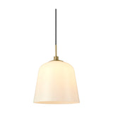 Room Pendant Light 30cm in opal glass with a bell-shaped shade, antique brass collar and stem, and black flex cord, shown on a plain white background.
