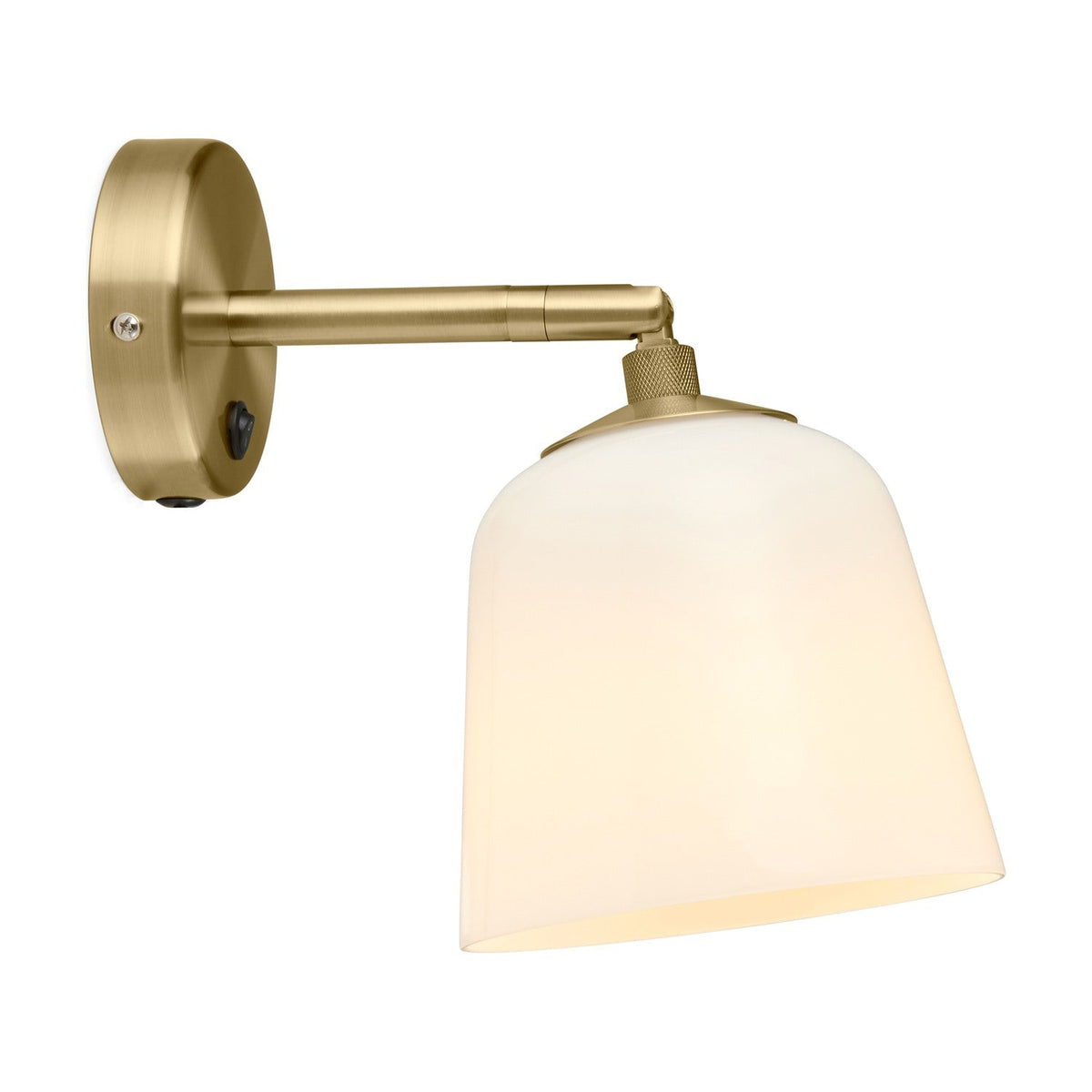Room Wall Light in opal and antique brass, featuring a bell-shaped opal glass shade on a jointed brass arm with knurled collar, round wall plate and switch, shown on a plain white background.