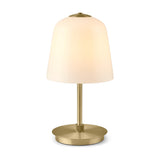 Room LED 2.5W Outdoor Table Lamp with a bell-shaped opal glass shade on a slim antique brass stem and round brushed brass base, shown on a plain white background.
