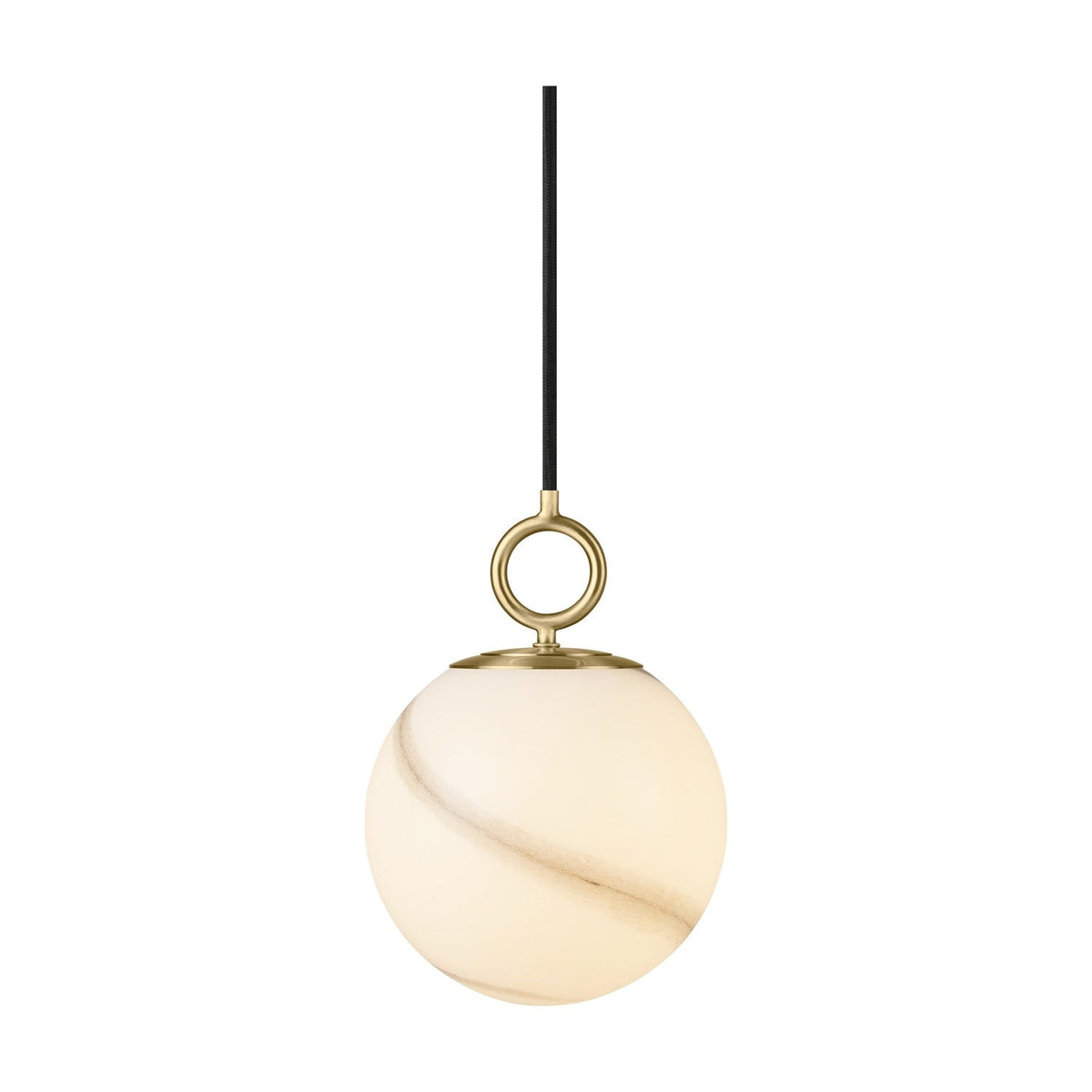 Stockholm Pendant Light 18cm in marble grey, an opal glass globe with diagonal marbled banding, suspended by a brass ring and cap on a black cord, shown against a plain white background.