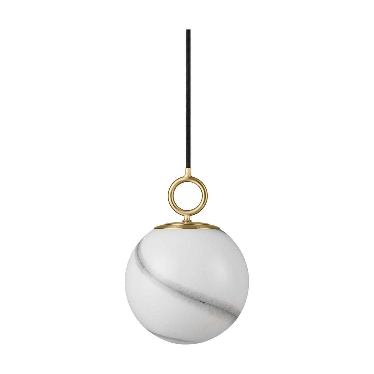 Stockholm Pendant Light 18cm in Marble Grey, an opal glass globe with a diagonal grey marbled band, hung from a brass ring fitting and black cable, shown against a plain white background.