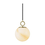 Stockholm Pendant Light 18cm in marble brown, a globe-shaped opal glass shade with amber-tan streaks hung from a brass ring on a black cord, shown on a plain white background.