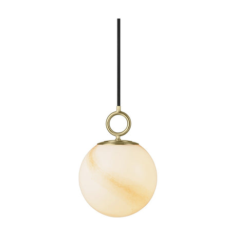 Stockholm Pendant Light 18cm in marble brown, a globe-shaped opal glass shade with amber-tan streaks hung from a brass ring on a black cord, shown on a plain white background.