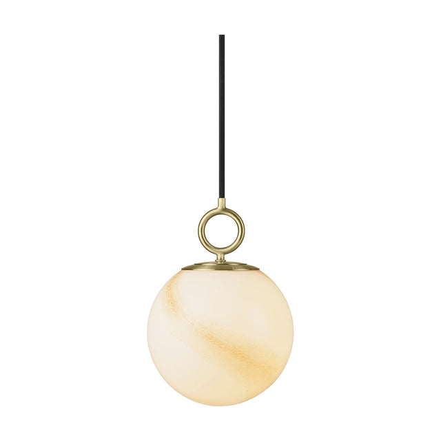 Stockholm Pendant Light 18cm in marble brown, a globe-shaped opal glass shade with amber-tan streaks hung from a brass ring on a black cord, shown on a plain white background.