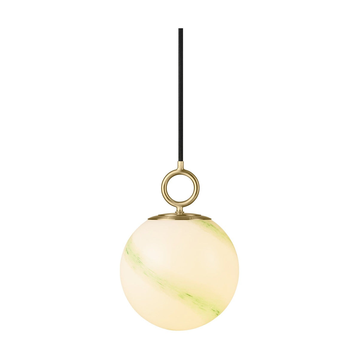 Stockholm Pendant Light 18cm in Marble Green, a spherical opal glass shade with diagonal green marbling, hung from a brass ring fitting on a black cord, shown on a plain white background.