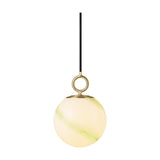 Stockholm Pendant Light 18cm in Marble Green, a spherical opal glass shade with diagonal green marbling, hung from a brass ring fitting on a black cord, shown on a plain white background.