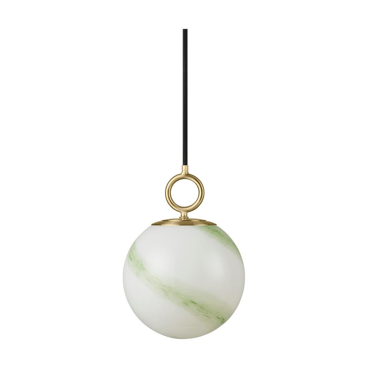 Stockholm Pendant Light 18cm in Marble Green, an opal glass globe with green marbled streaks, hung from a brass ring fitting on a black cord, shown against a plain white background.
