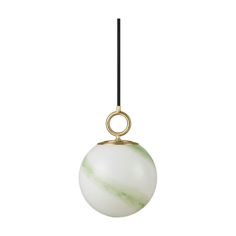 Stockholm Pendant Light 18cm in Marble Green, an opal glass globe with green marbled streaks, hung from a brass ring fitting on a black cord, shown against a plain white background.