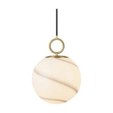 Stockholm Pendant Light 24cm in Marble Grey, a spherical opal glass shade with diagonal grey-brown marbling, hung from a brass ring on a black cable, shown on a plain white background.