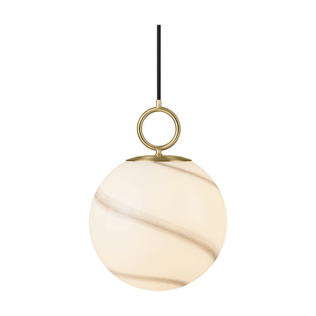 Stockholm Pendant Light 24cm in Marble Grey, a spherical opal glass shade with diagonal grey-brown marbling, hung from a brass ring on a black cable, shown on a plain white background.