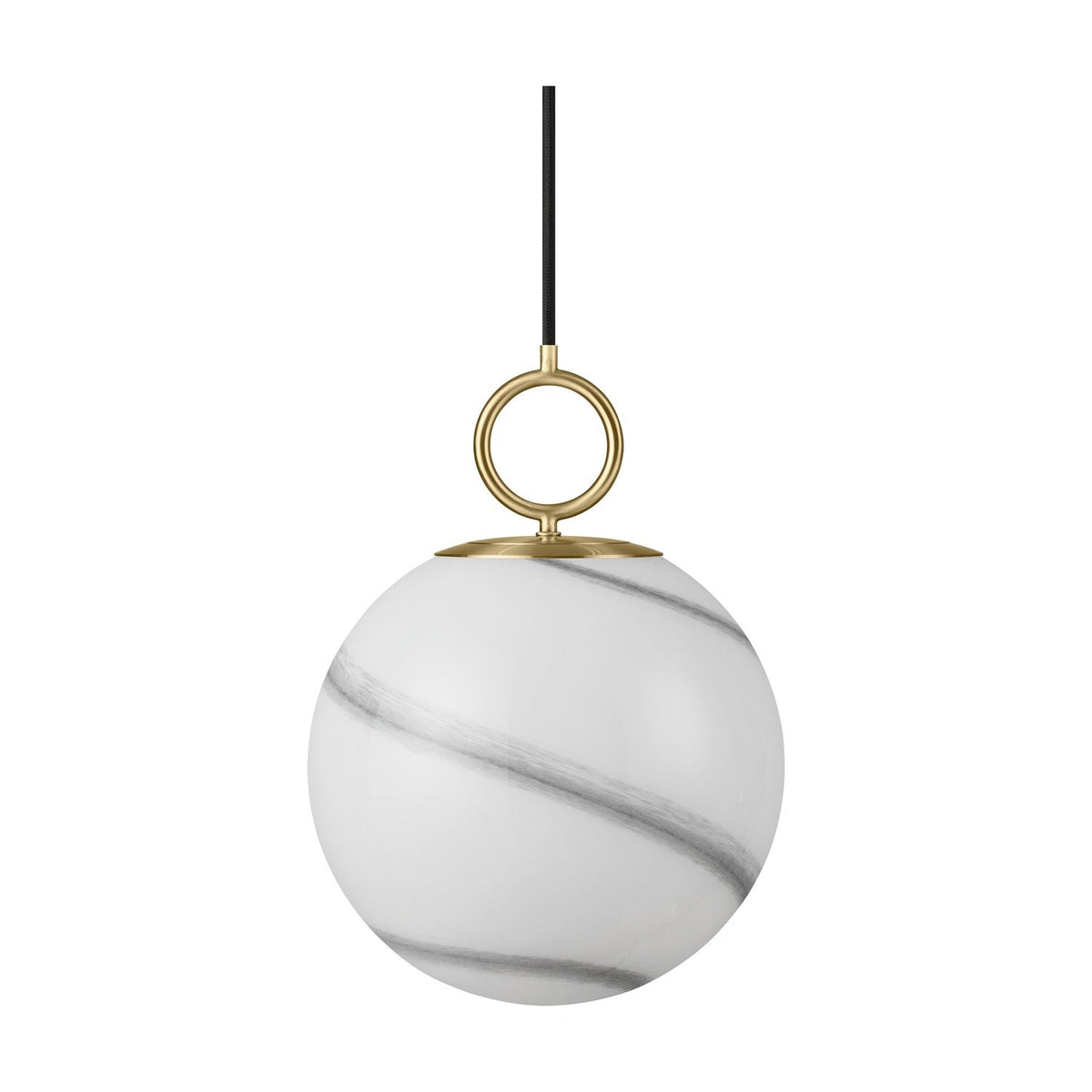 Stockholm Pendant Light 24cm in marble grey, an opal glass globe with sweeping grey-brown marbling, suspended from a brass ring on a black cord against a plain white background.