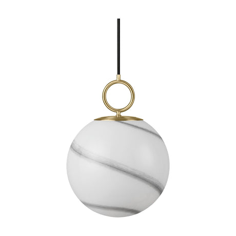 Stockholm Pendant Light 24cm in marble grey, an opal glass globe with sweeping grey-brown marbling, suspended from a brass ring on a black cord against a plain white background.