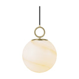 Stockholm Pendant Light 24cm in Marble Brown, an opal glass globe with amber marbling suspended from a brass ring and cap on a black cord, shown on a plain white background.