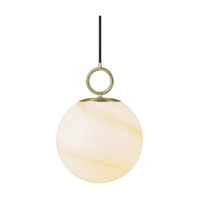 Stockholm Pendant Light 24cm in Marble Brown, an opal glass globe with amber marbling suspended from a brass ring and cap on a black cord, shown on a plain white background.