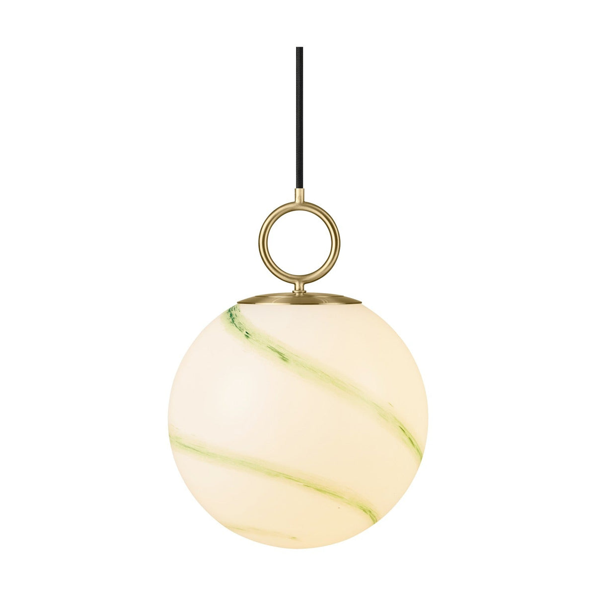 Stockholm Pendant Light 24cm in Marble Green, a spherical opal glass globe with diagonal green marbled streaks, suspended by a brass ring and cap from a black cord, on a plain white background.