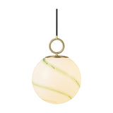 Stockholm Pendant Light 24cm in Marble Green, a spherical opal glass globe with diagonal green marbled streaks, suspended by a brass ring and cap from a black cord, on a plain white background.