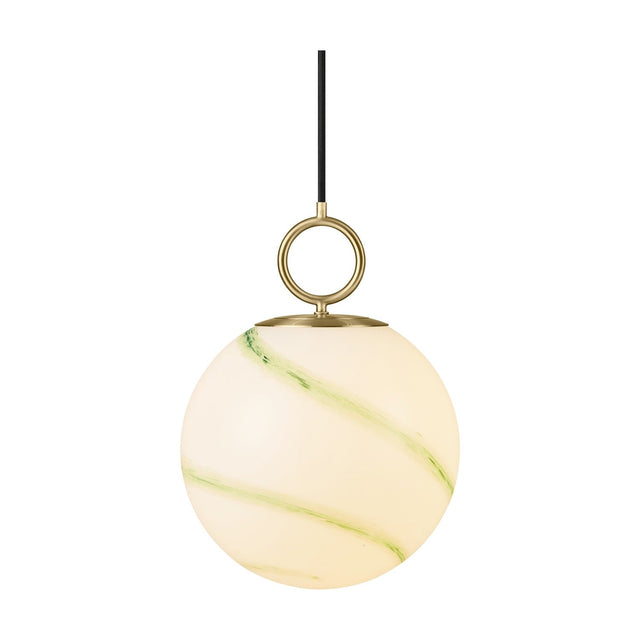 Stockholm Pendant Light 24cm in Marble Green, a spherical opal glass globe with diagonal green marbled streaks, suspended by a brass ring and cap from a black cord, on a plain white background.
