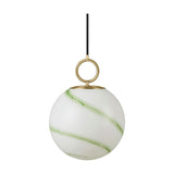 Stockholm Pendant Light 24cm in Marble Green, a spherical opal glass shade with green marbled streaks, hung from a brass ring and cap on a black cord, shown on a white background.
