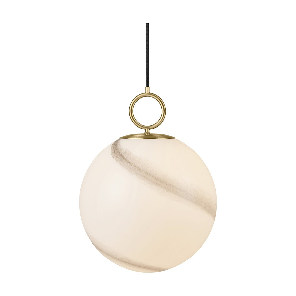Stockholm Pendant Light 30cm in Marble Grey, a spherical opal glass shade with diagonal grey-brown marbling, hung from a brushed brass ring and cap on a black cord, shown on a plain white background.