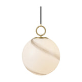 Stockholm Pendant Light 30cm in Marble Grey, a spherical opal glass shade with diagonal grey-brown marbling, hung from a brushed brass ring and cap on a black cord, shown on a plain white background.