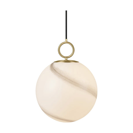 Stockholm Pendant Light 30cm in Marble Grey, a spherical opal glass shade with diagonal grey-brown marbling, hung from a brushed brass ring and cap on a black cord, shown on a plain white background.