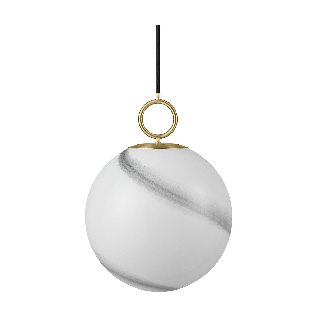 Stockholm Pendant Light 30cm in marble grey, a spherical opal glass globe with diagonal grey marbling, hung from a brass ring and cap on a black cord against a plain white background.