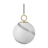 Stockholm Pendant Light 30cm in marble grey, a spherical opal glass globe with diagonal grey marbling, hung from a brass ring and cap on a black cord against a plain white background.