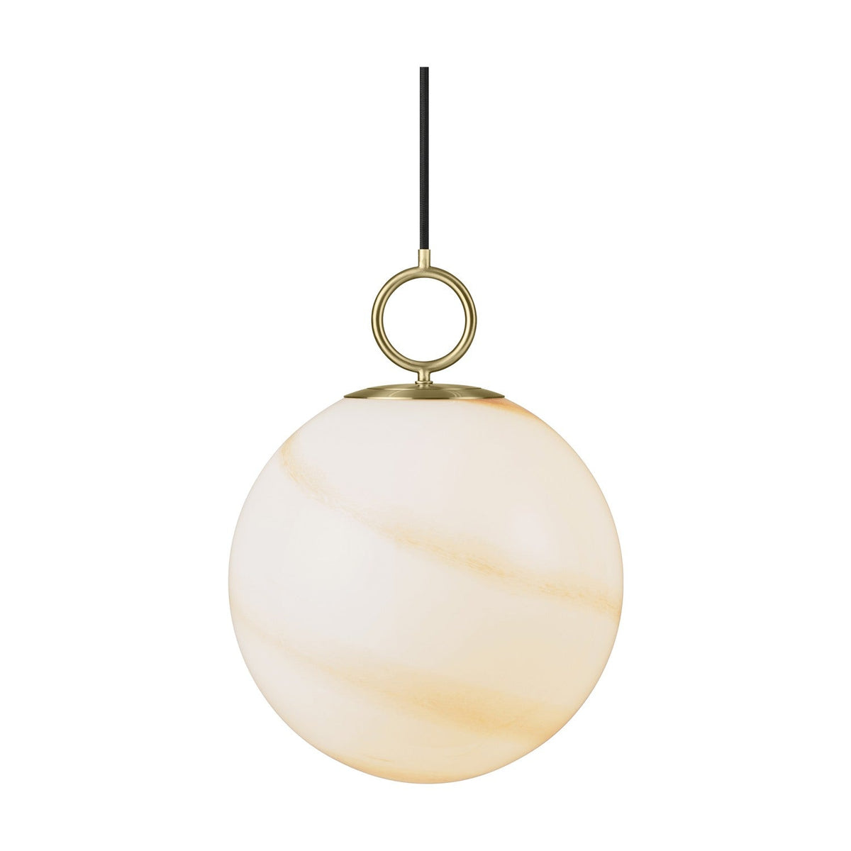 Stockholm Pendant Light 30cm in Marble Brown, a spherical opal glass globe with diagonal amber marbling, suspended from a brass ring and cap on a black cord, shown on a plain white background.
