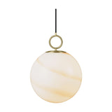Stockholm Pendant Light 30cm in Marble Brown, a spherical opal glass globe with diagonal amber marbling, suspended from a brass ring and cap on a black cord, shown on a plain white background.