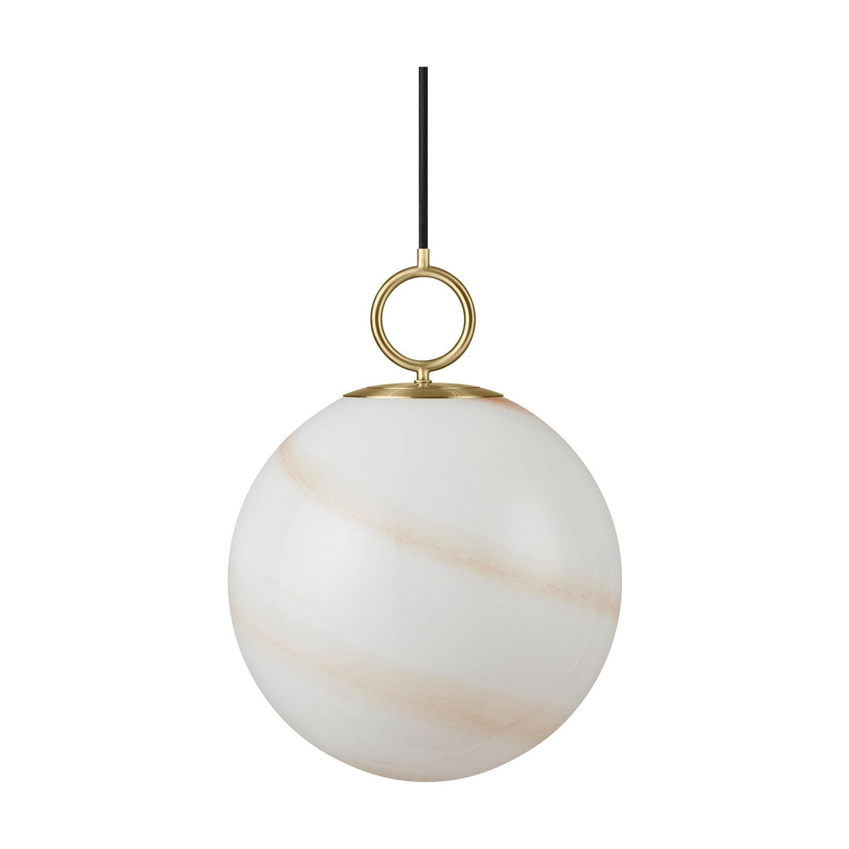 Stockholm Pendant Light 30cm in Marble Brown, a spherical opal glass shade with diagonal amber marbling, suspended by an open brass ring on a brass cap, shown on a plain white background.