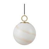 Stockholm Pendant Light 30cm in Marble Brown, a spherical opal glass shade with diagonal amber marbling, suspended by an open brass ring on a brass cap, shown on a plain white background.