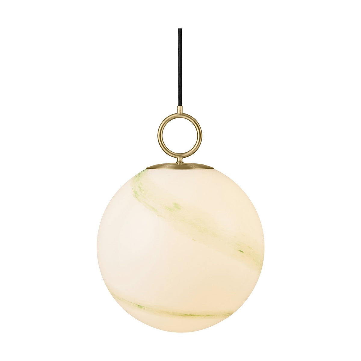 Stockholm Pendant Light 30cm in Marble Green, a spherical opal glass globe with diagonal green marbling, suspended by a brass ring and cap from a black cord on a plain white background.