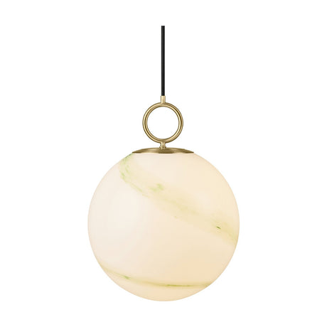 Stockholm Pendant Light 30cm in Marble Green, a spherical opal glass globe with diagonal green marbling, suspended by a brass ring and cap from a black cord on a plain white background.