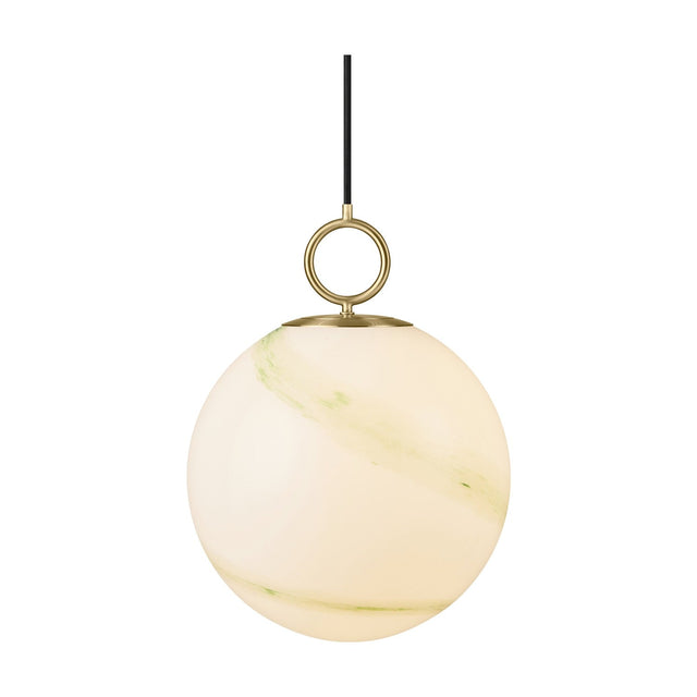 Stockholm Pendant Light 30cm in Marble Green, a spherical opal glass globe with diagonal green marbling, suspended by a brass ring and cap from a black cord on a plain white background.