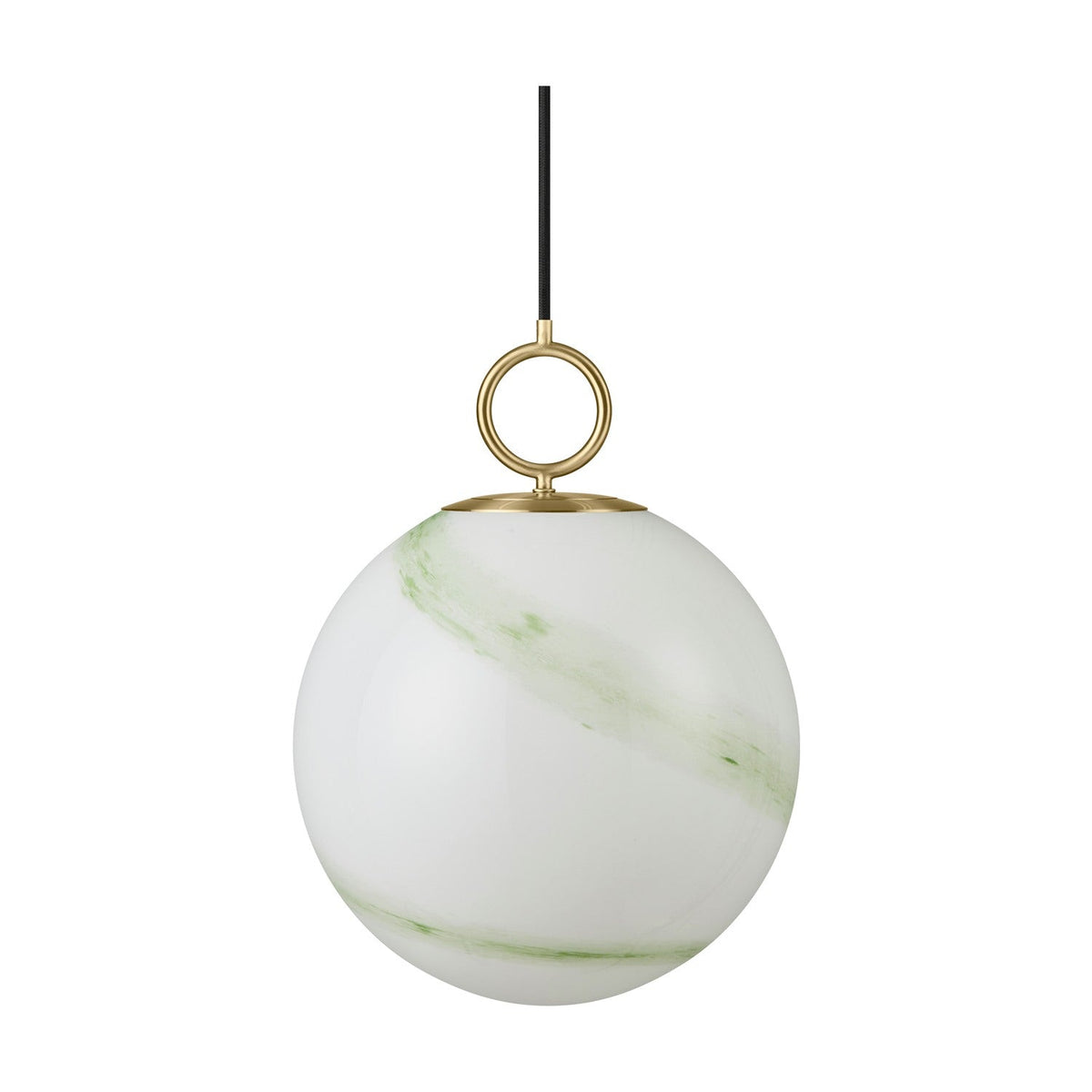 Stockholm Pendant Light 30cm in Marble Green, a spherical opal glass globe with diagonal green marbling, suspended by a brass ring on a black cord against a plain white background.