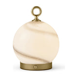 Stockholm 15cm LED rechargeable outdoor table lamp in Marble Grey, featuring an opal glass globe with grey-brown marbling on a brass base with a ring handle.