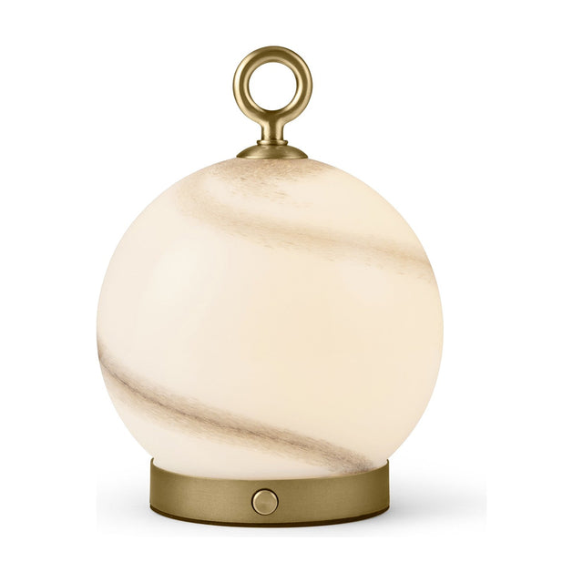 Stockholm 15cm LED rechargeable outdoor table lamp in Marble Grey, featuring an opal glass globe with grey-brown marbling on a brass base with a ring handle.