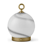 Stockholm LED Rechargeable Outdoor Table Lamp in marble grey, a globe-shaped opal glass shade with grey marbling on a brass base with a ring handle on top, shown on a plain white background.