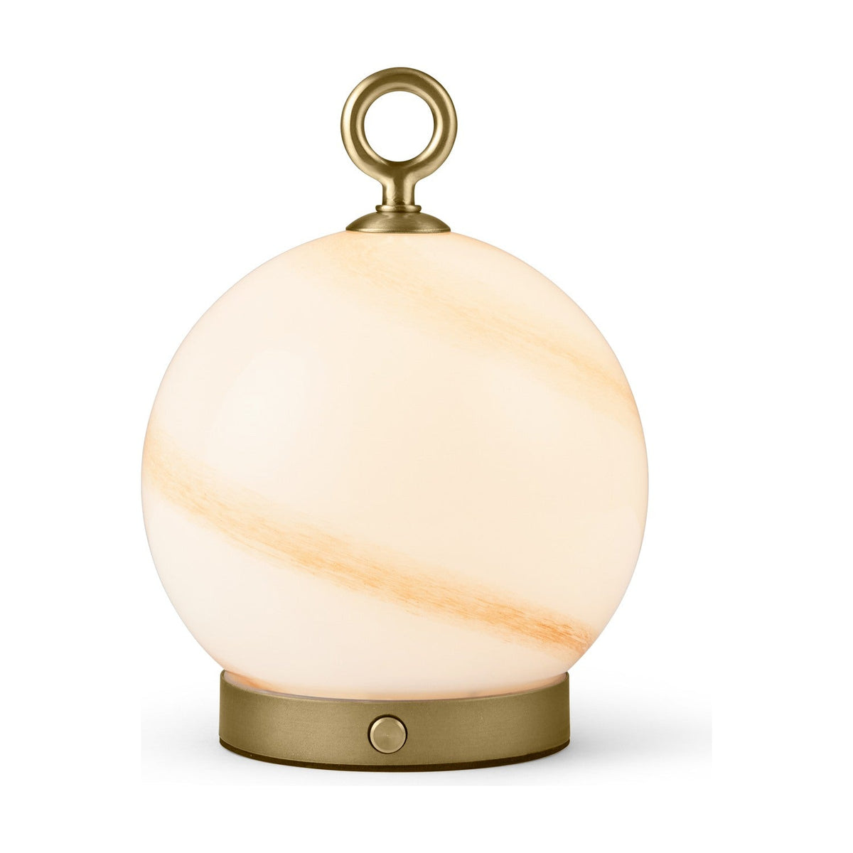 Stockholm LED Rechargeable Outdoor Table Lamp 15cm in Marble Brown, featuring a globe-shaped opal glass shade with amber marbling on a brass base with a ring handle, shown on a white background.